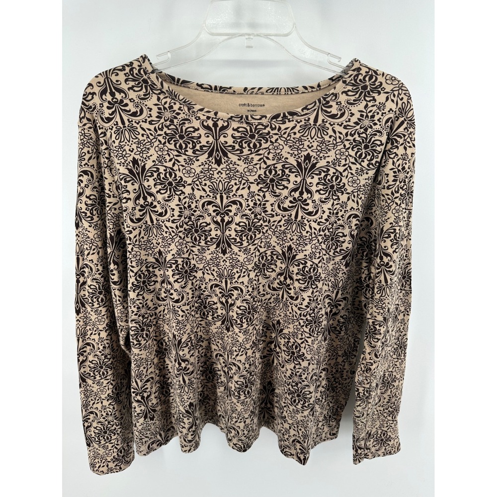 Croft & Barrow Womens 1X Pima Cotton Damask Floral Scoop Neck Top Tan Brown Boho